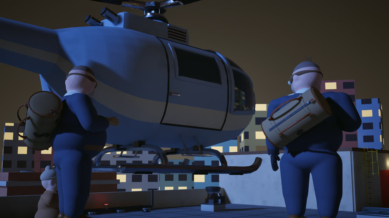 Robbers with loot bags boarding a helicopter on the roof