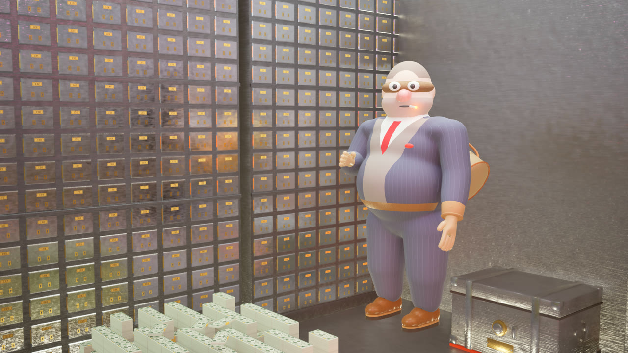 The bank manager in the vault next to stacks of cash